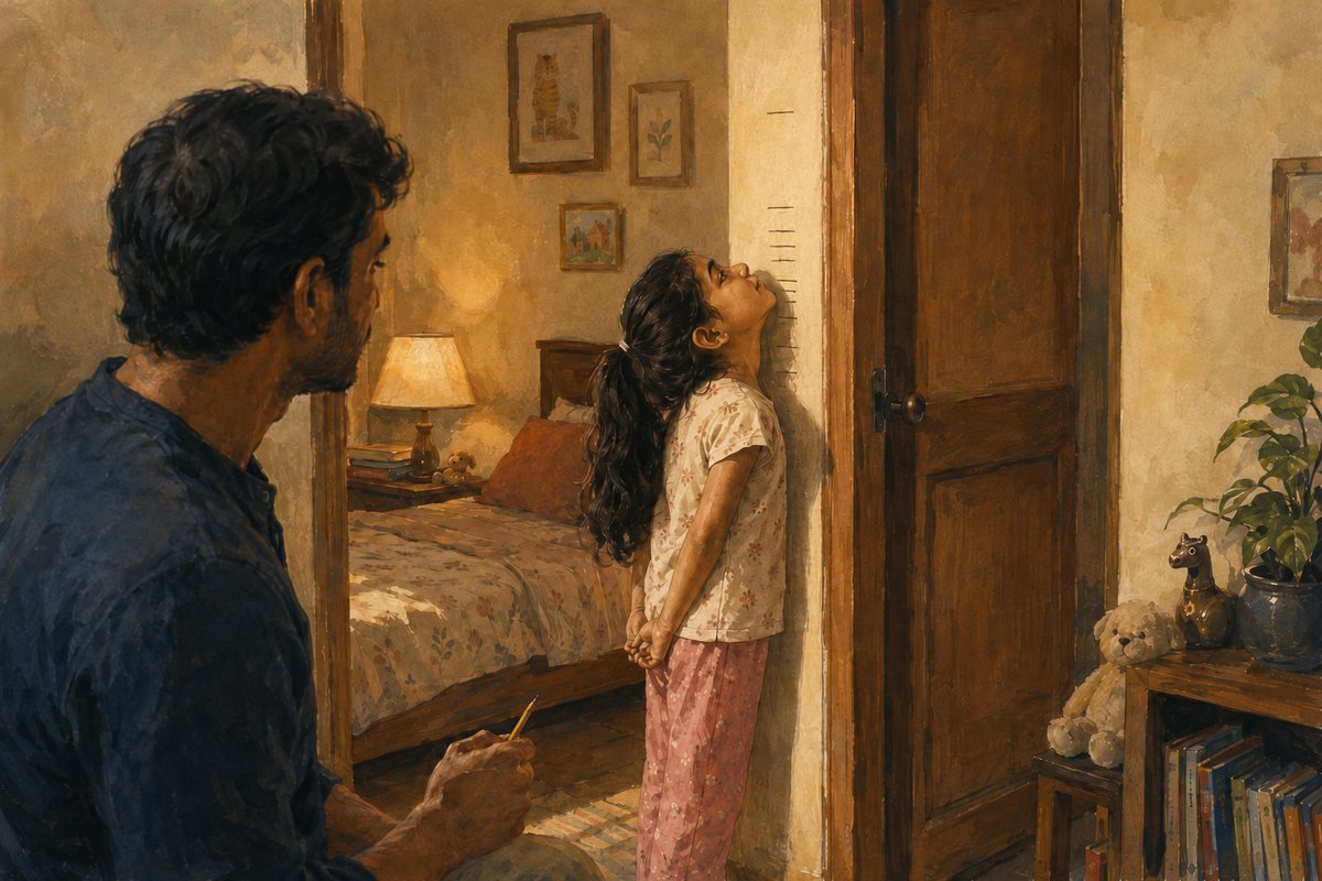 A seven-year-old girl stands on tiptoe at a bedroom doorframe marked with pencil height lines, looking up at a faint mark above her head in warm evening light