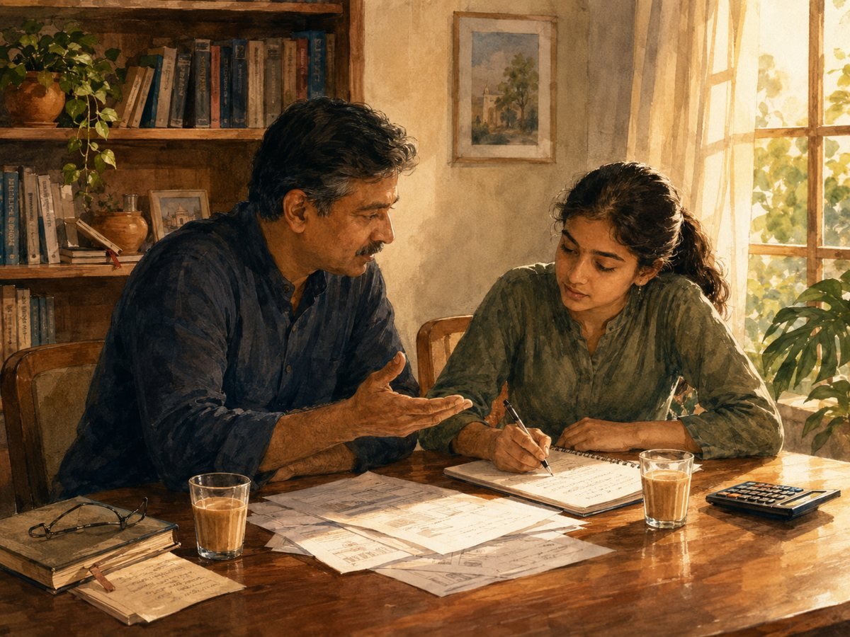 A father and daughter discussing finances together over papers and tea at a warm dining table