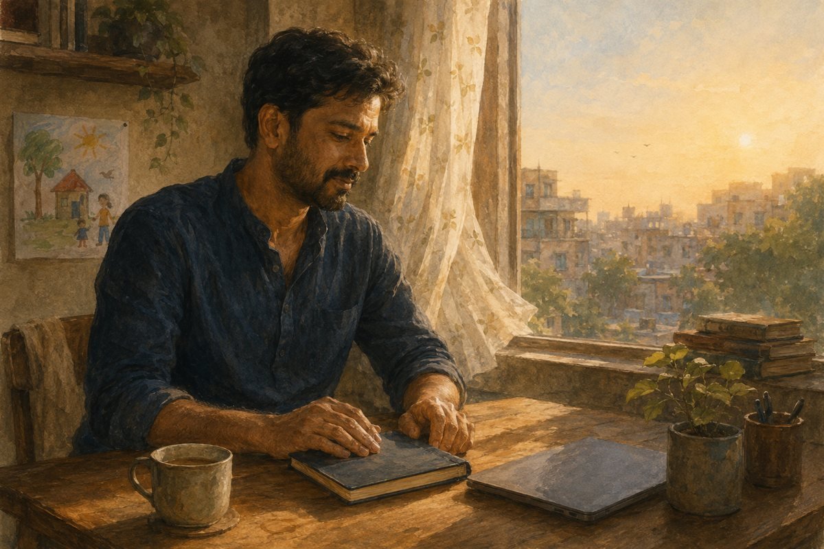 A man closing his notebook at a sunlit desk by an open window, the morning of his first investment