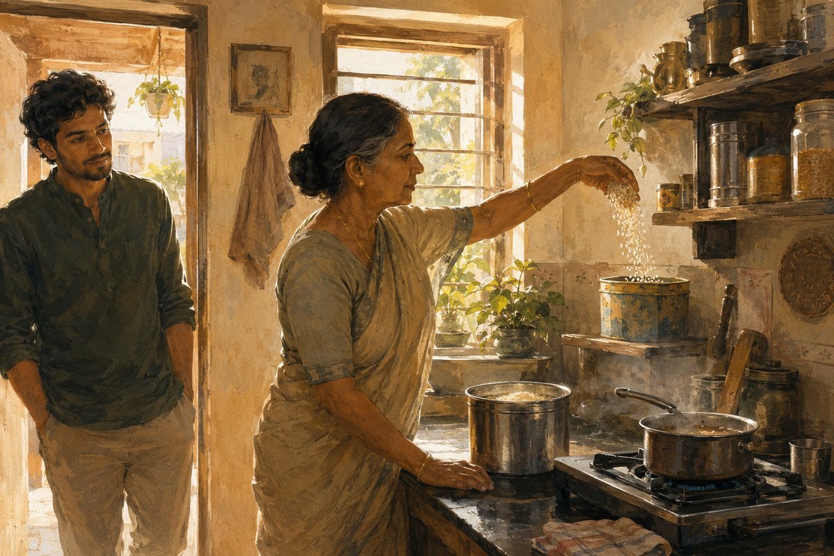 A grandmother drops a fistful of rice into an old tin on the kitchen shelf before cooking, her grandson watching from the doorway of a warm Indian kitchen
