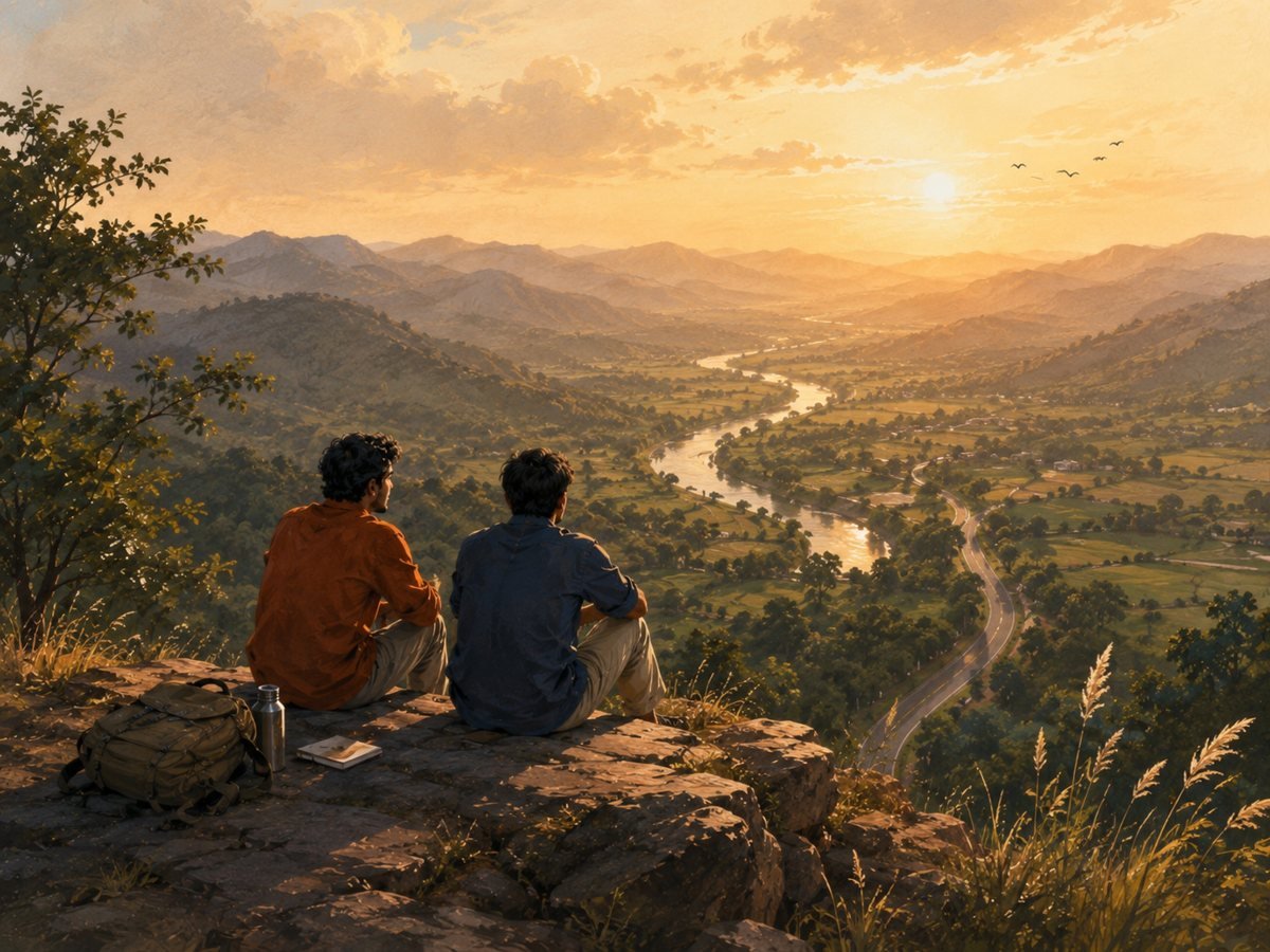 Two friends sitting on a rocky outcrop at golden hour, looking out over a long valley with a winding river