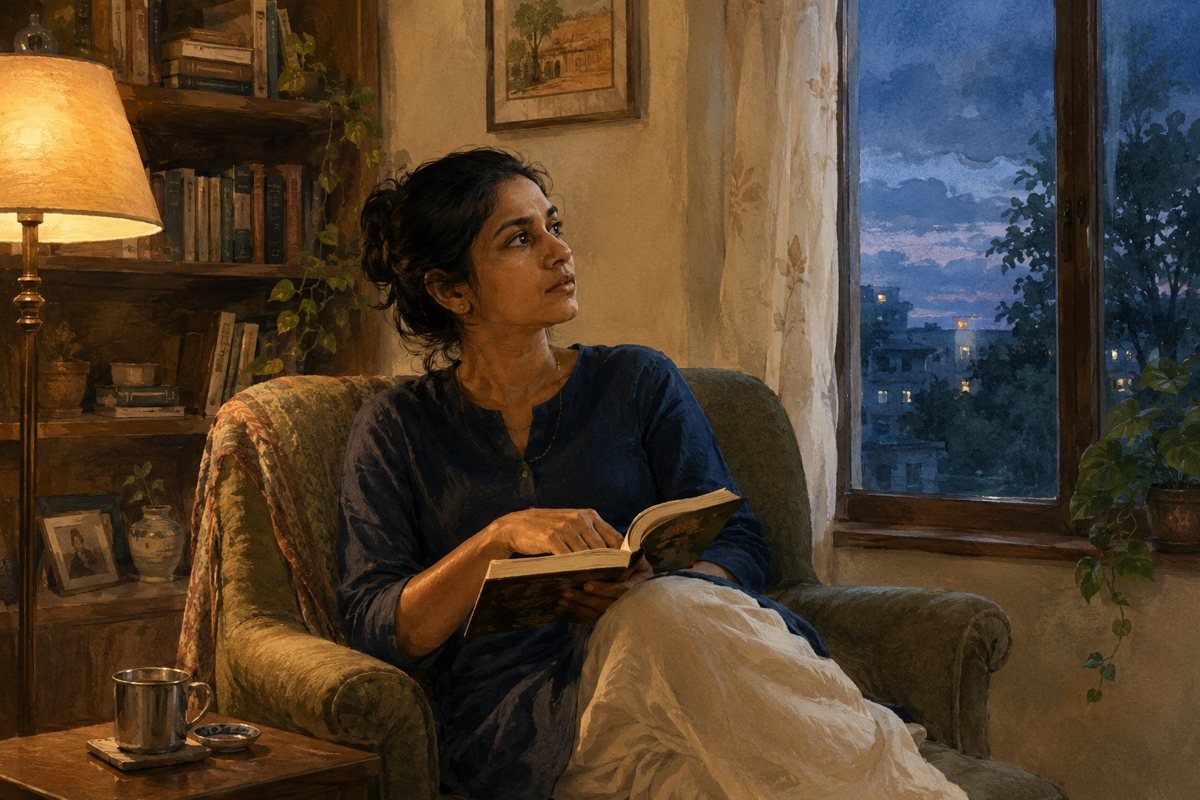 A woman in an armchair by a warm lamp, looking up from her book mid-thought as dusk settles outside the window