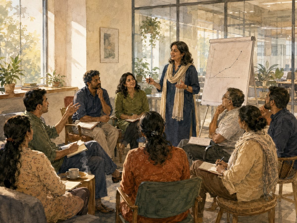 A financial wellness seminar in a bright office — a speaker beside a flip chart, employees in a relaxed semicircle asking questions